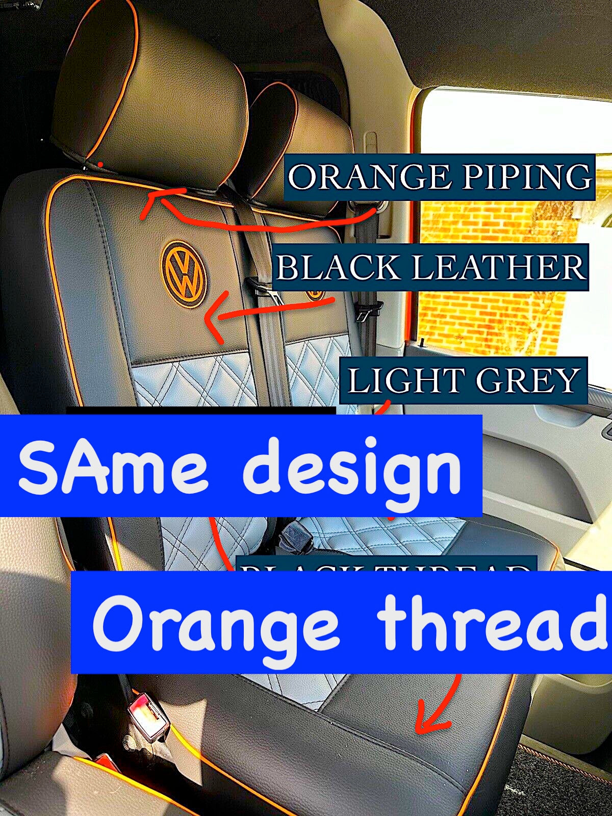 Van Seat Covers For VW ID Buzz Made with Logo 11A2VW Grey & Black with Orange Stitch