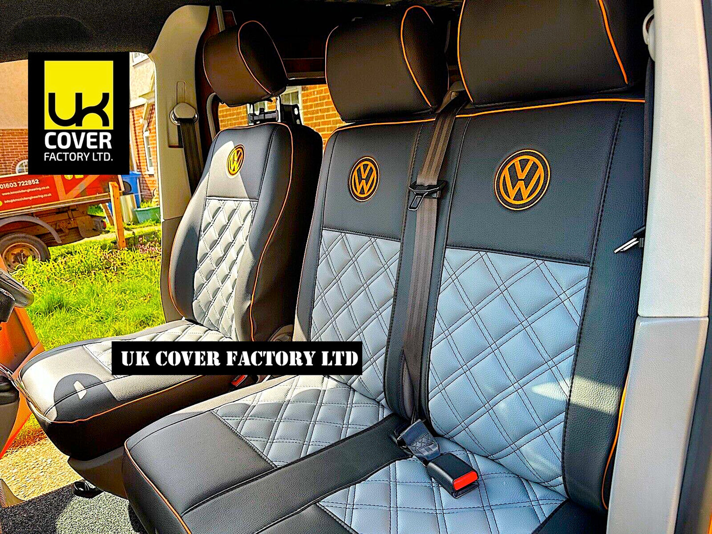 Van Seat Covers For VW ID Buzz Made with Logo 11A2VW Grey & Black with Orange Stitch