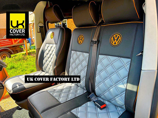 Van Seat Covers For VW ID Buzz Made with Logo 11A2VW Grey & Black with Orange Stitch