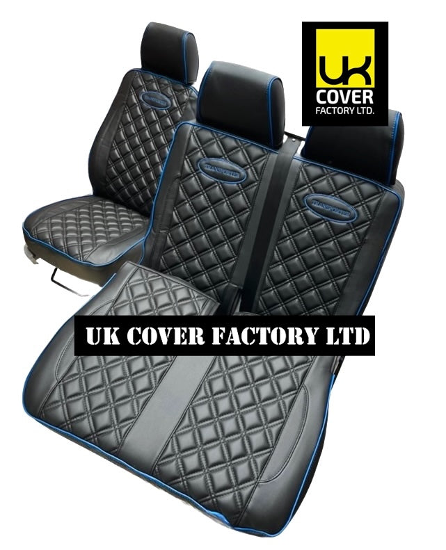 Van Seat Covers For VW Transporter Made with Transporter Logo 11A5VW Black Edition Blue Piping