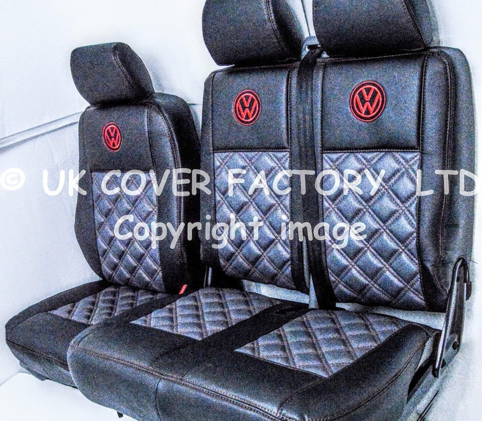 Van Seat Covers For VW ID Buzz Made with Logo 11A7VW Grey & Black with Red Stitch