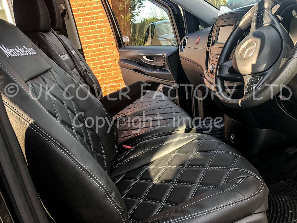 Van Seat Covers For Mercedes Vito 447 Made with Mercedes Logo 11A6MB White/Silver Stitch