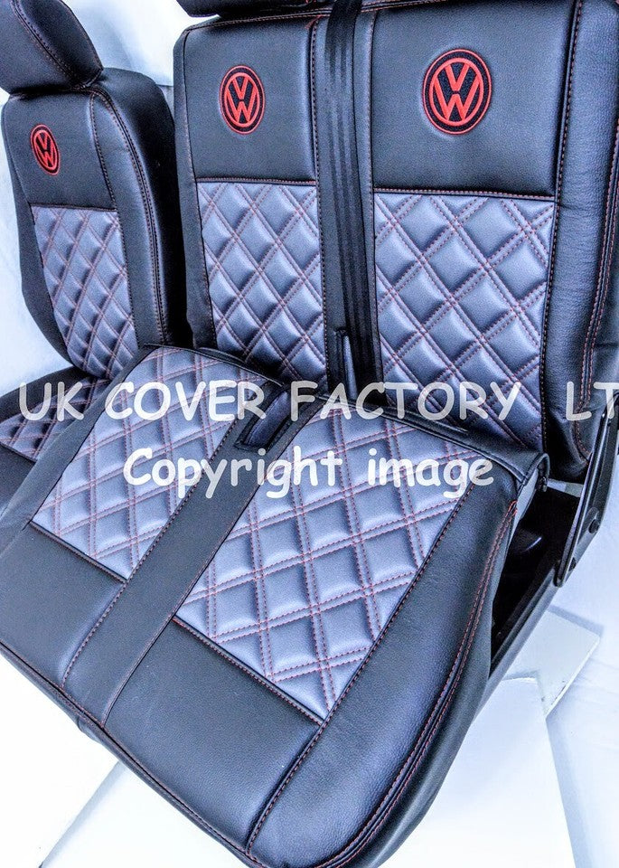 Van Seat Covers For VW ID Buzz Made with Logo 11A7VW Grey & Black with Red Stitch