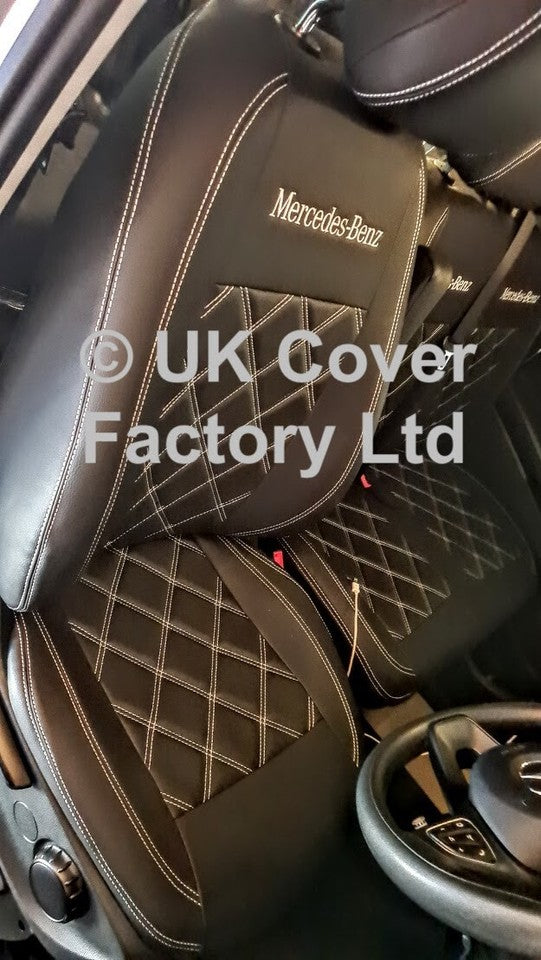 Van Seat Covers For Mercedes Vito 447 Made with Mercedes Logo 11A6MB White/Silver Stitch