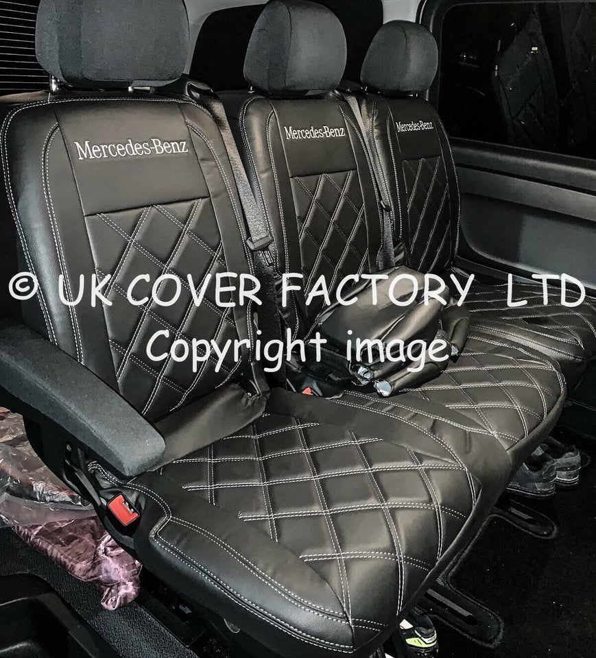 Van Seat Covers For Mercedes Vito 447 Made with Mercedes Logo 11A6MB White/Silver Stitch