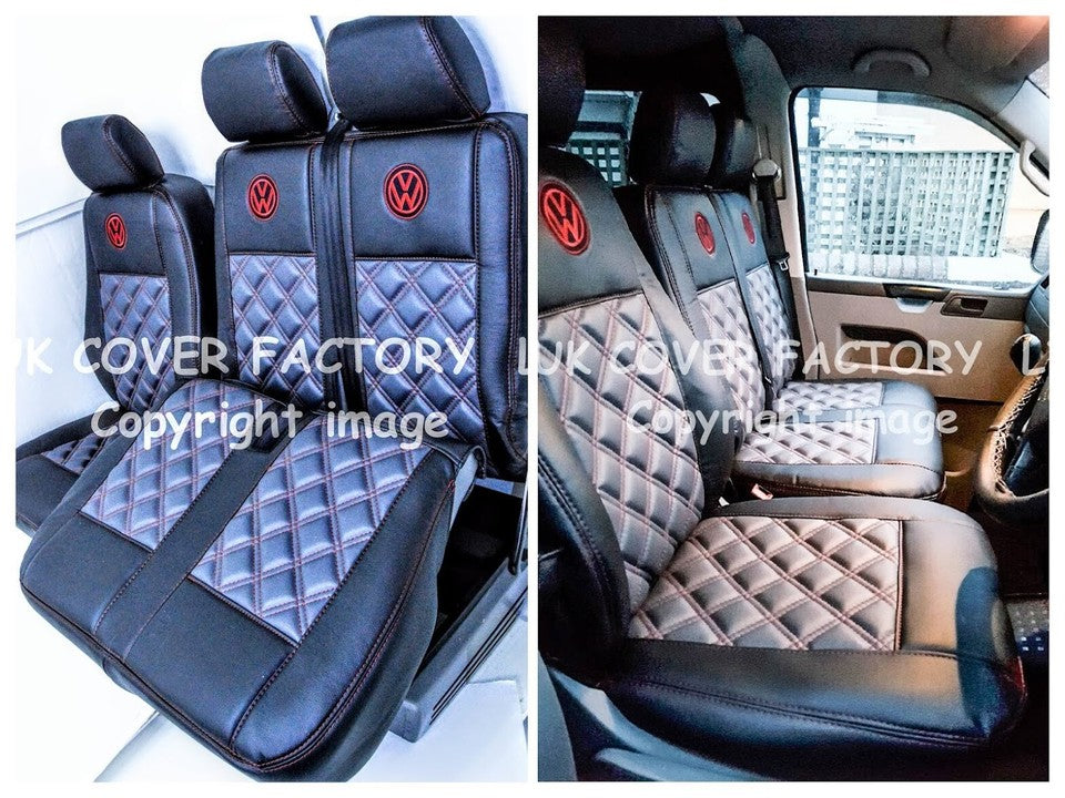 Van Seat Covers For VW ID Buzz Made with Logo 11A7VW Grey & Black with Red Stitch