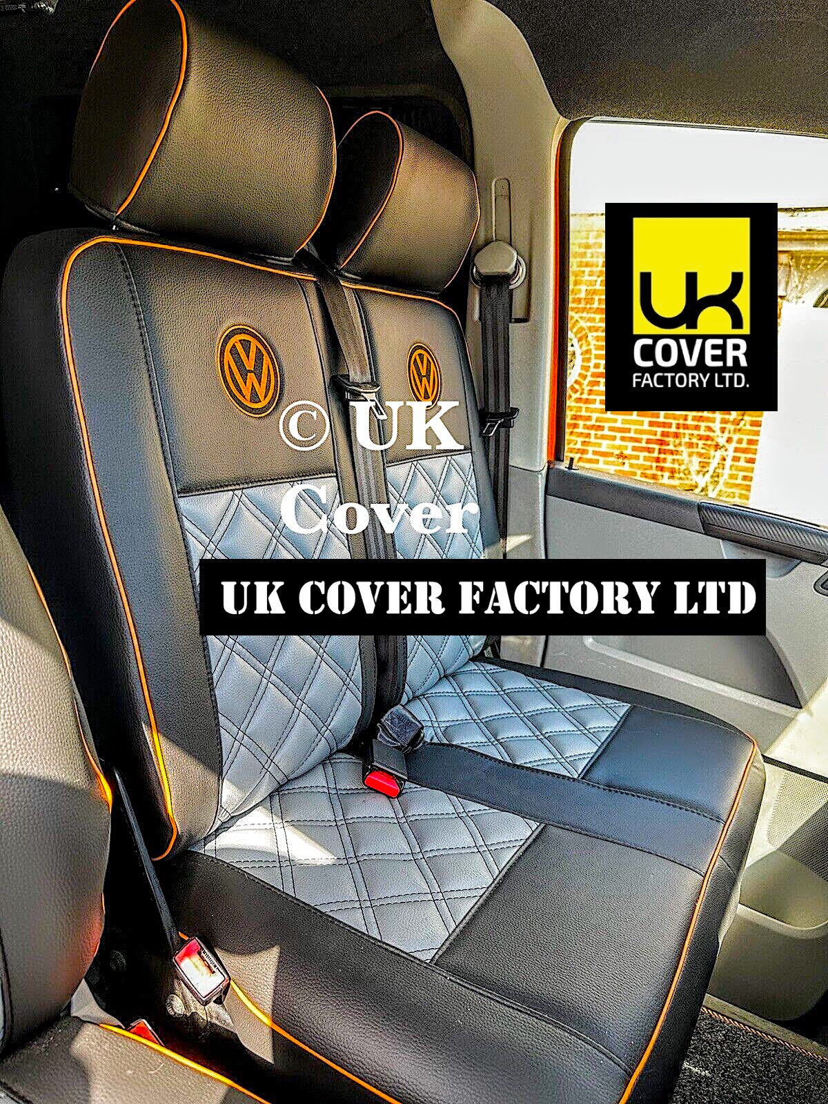 Van Seat Covers For VW ID Buzz Made with Logo 11A2VW Grey & Black with Orange Stitch
