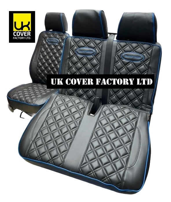 Van Seat Covers For VW Transporter Made with Transporter  Logo 11A5VW Black Edition Blue Piping
