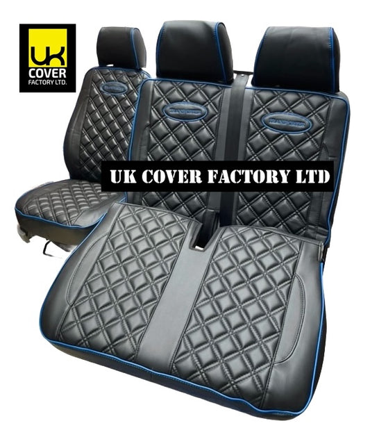 Van Seat Covers For VW Transporter Made with Transporter  Logo 11A5VW Black Edition Blue Piping