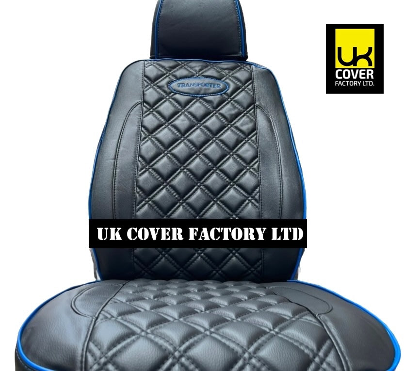 Van Seat Covers For VW Transporter Made with Transporter  Logo 11A5VW Black Edition Blue Piping