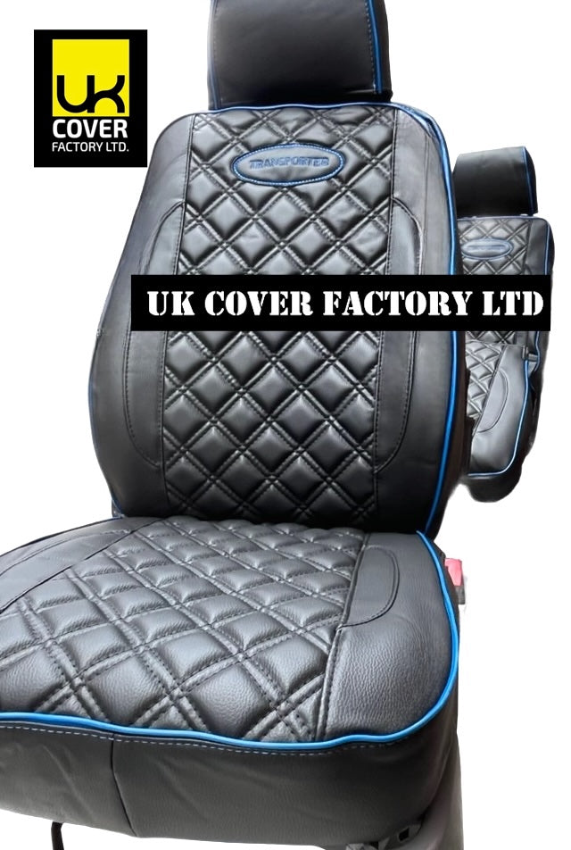 Van Seat Covers For VW Transporter Made with Transporter  Logo 11A5VW Black Edition Blue Piping