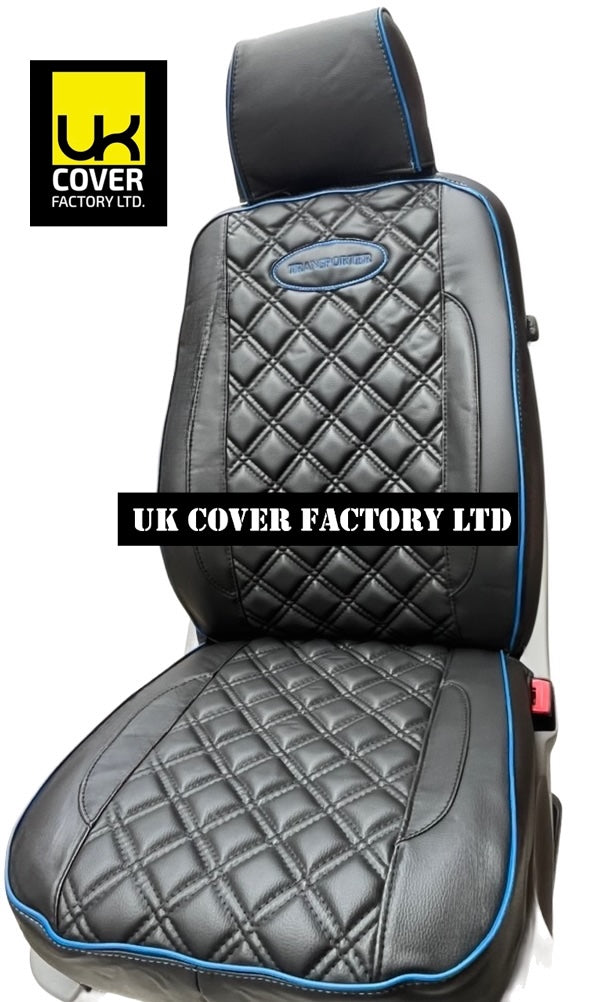 Van Seat Covers For VW Transporter Made with Transporter  Logo 11A5VW Black Edition Blue Piping