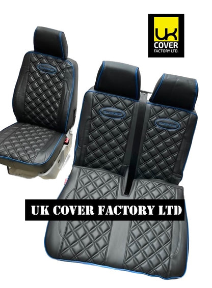 Van Seat Covers For VW Transporter Made with Transporter  Logo 11A5VW Black Edition Blue Piping
