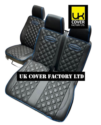 Van Seat Covers For VW Transporter Made with Transporter  Logo 11A5VW Black Edition Blue Piping