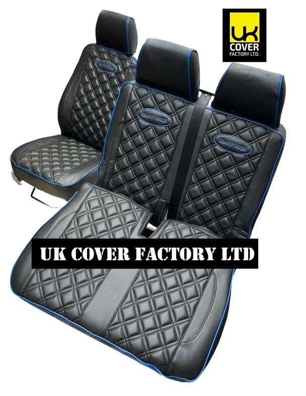 Van Seat Covers For VW Transporter Made with Transporter  Logo 11A5VW Black Edition Blue Piping
