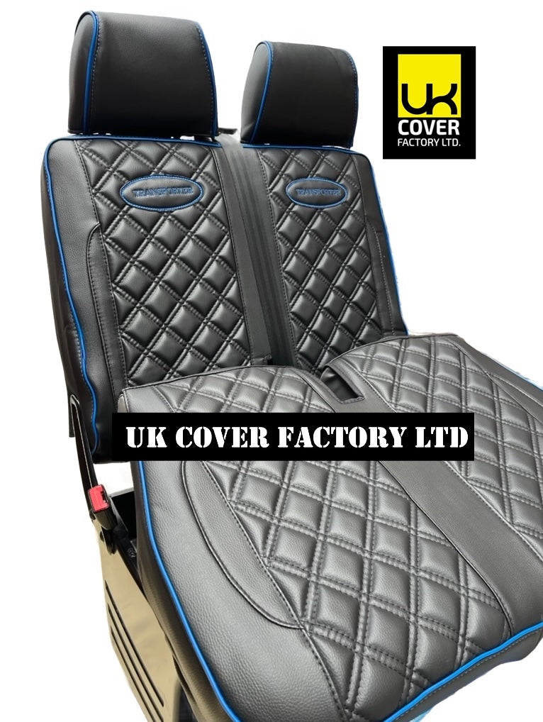 Van Seat Covers For VW Transporter Made with Transporter  Logo 11A5VW Black Edition Blue Piping