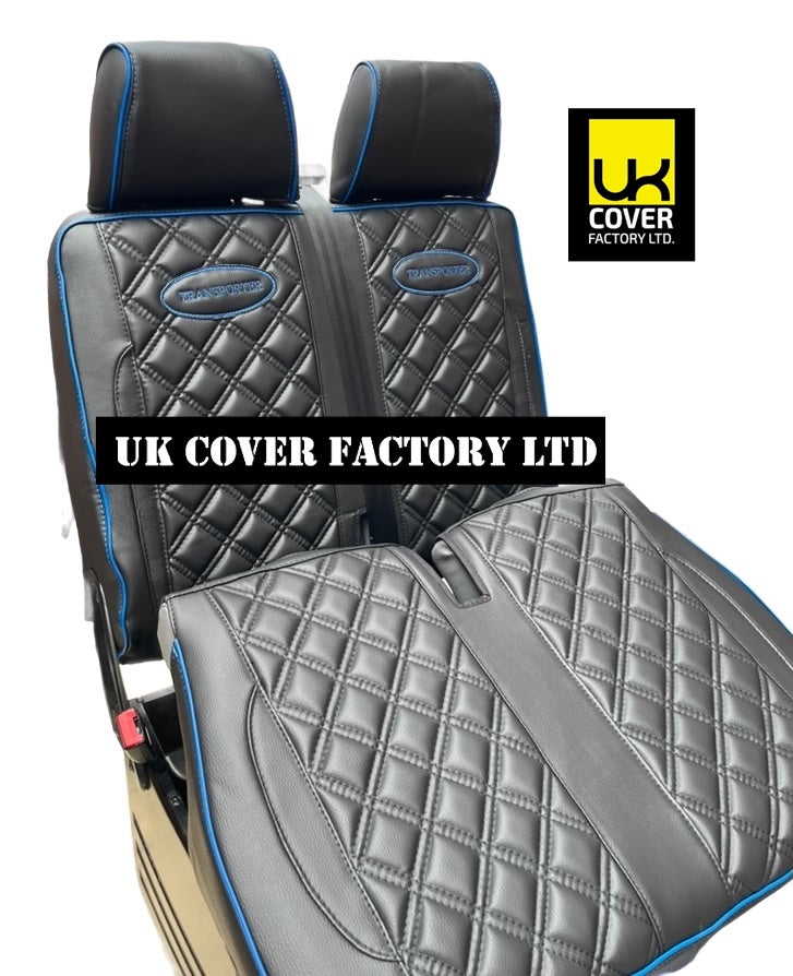 Van Seat Covers For VW Transporter Made with Transporter  Logo 11A5VW Black Edition Blue Piping