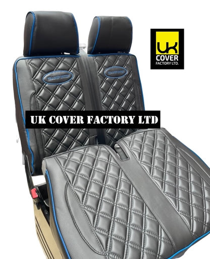 Van Seat Covers For VW Transporter Made with Transporter  Logo 11A5VW Black Edition Blue Piping