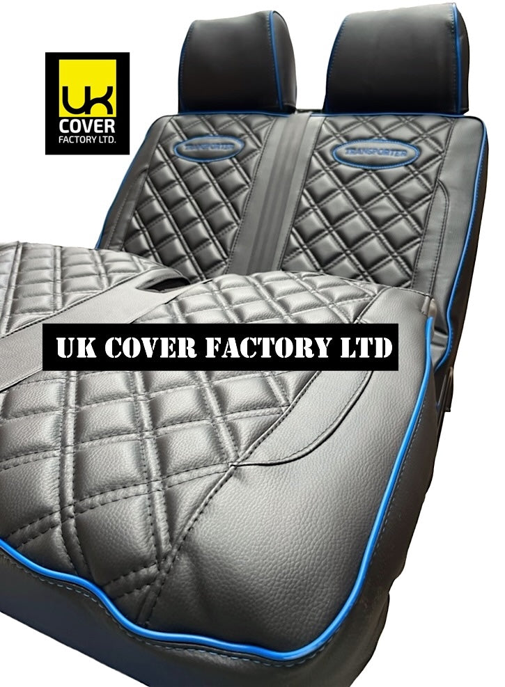 Van Seat Covers For VW Transporter Made with Transporter  Logo 11A5VW Black Edition Blue Piping