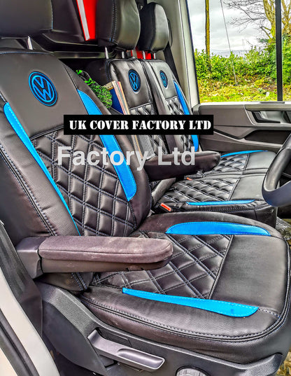 Van Seat Covers For VW Transporter Kombi Made with Logo 11A24VW Blue side Inserts