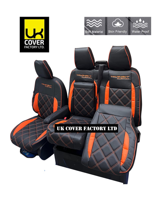 Van Seat Covers For Transit Custom/MK8 Double Cab Made with Bespoke Logo & Piping 11A29 Orange Side Inserts