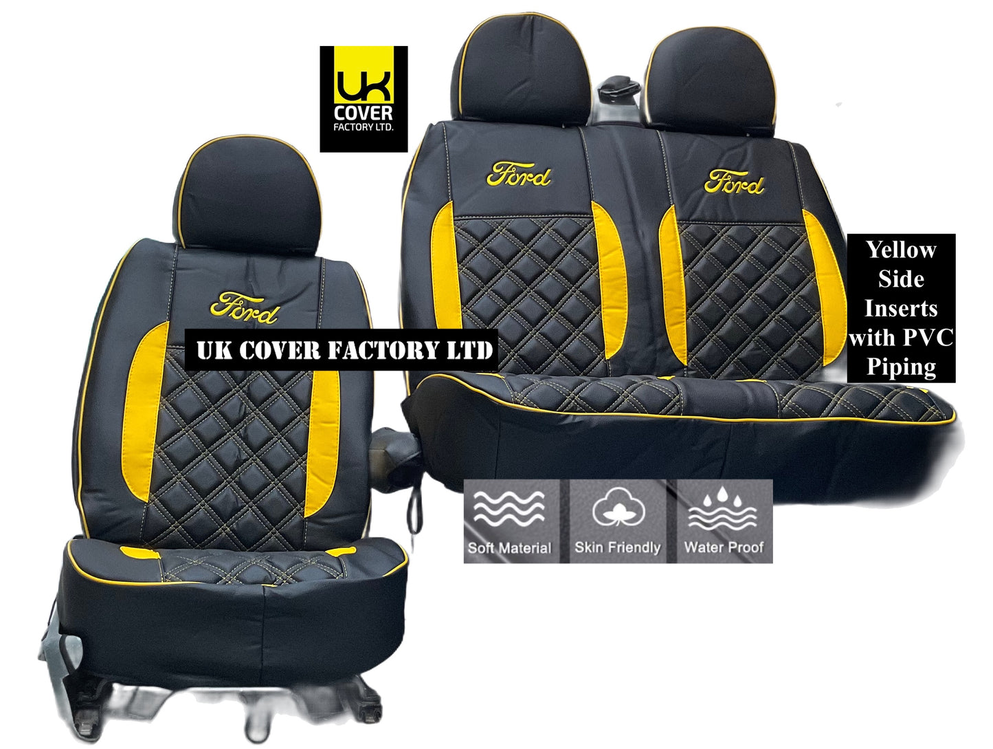 Van Seat Covers For Transit MK6/MK7 Made with Ford Letters & Piping 11A27FDRS  Yellow Side Inserts
