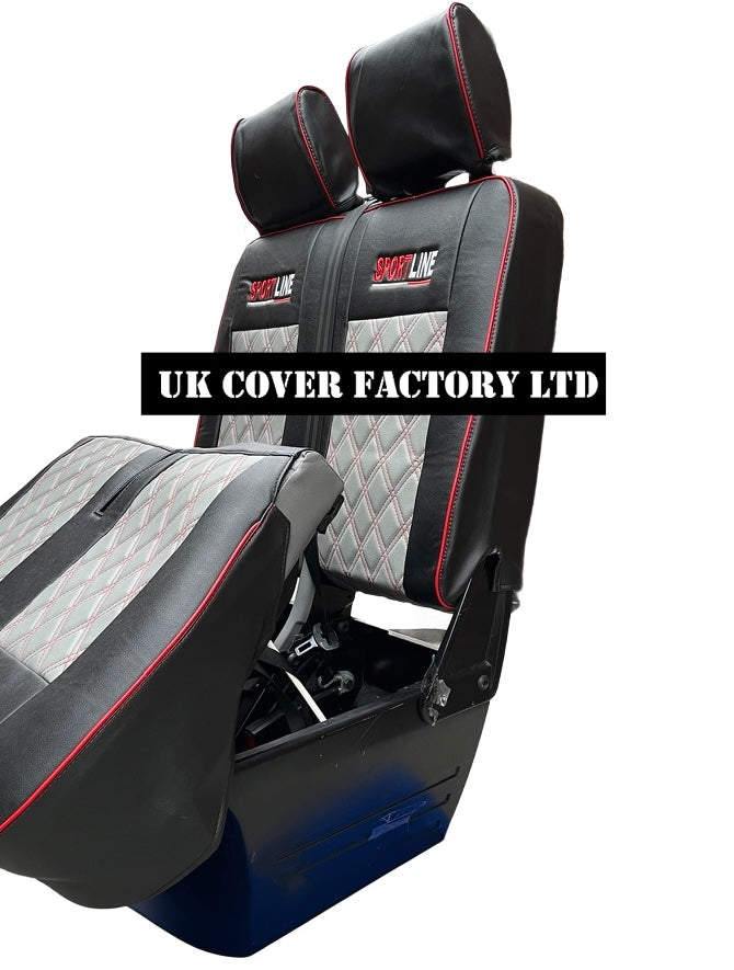 Van Seat Covers For VW Transporter Made with Sportline Logo & Piping 11A13SL Red