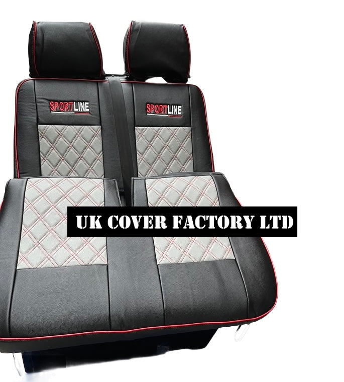 Van Seat Covers For VW Transporter Made with Sportline Logo & Piping 11A13SL Red