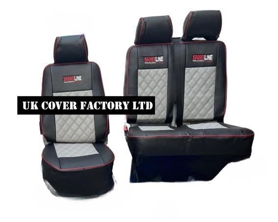 Van Seat Covers For VW Transporter Made with Sportline Logo & Piping 11A13SL Red