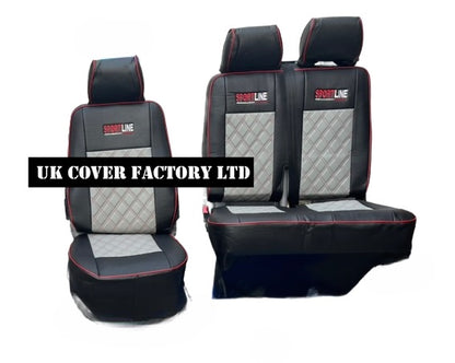 Van Seat Covers For VW Transporter Made with Sportline Logo & Piping 11A13SL Red