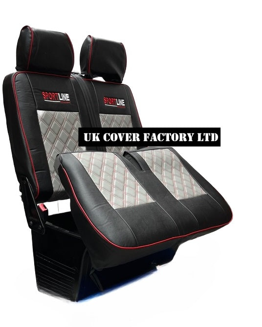Van Seat Covers For VW Transporter Made with Sportline Logo & Piping 11A13SL Red
