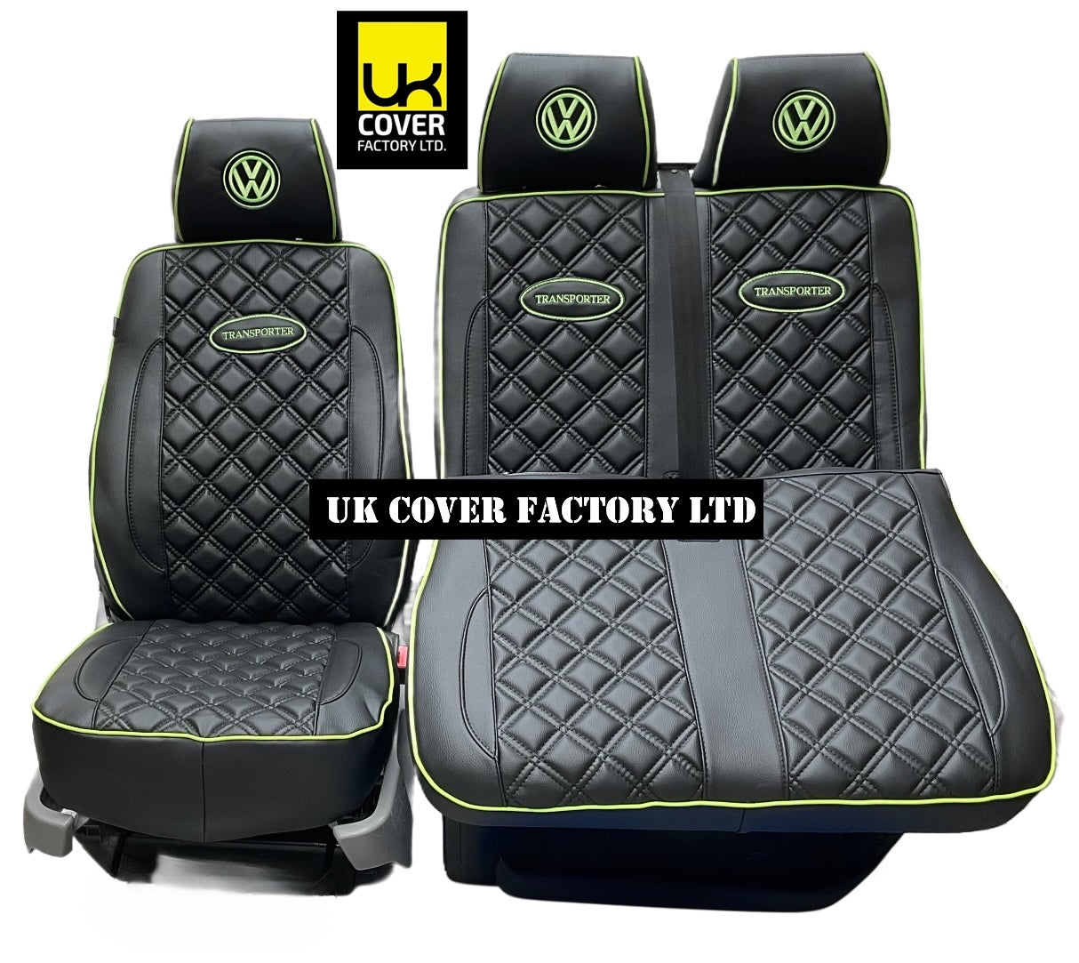 Van Seat Covers For VW Transporter Made with Transporter  Logo 11A5VW Black Edition Lime GreenPiping