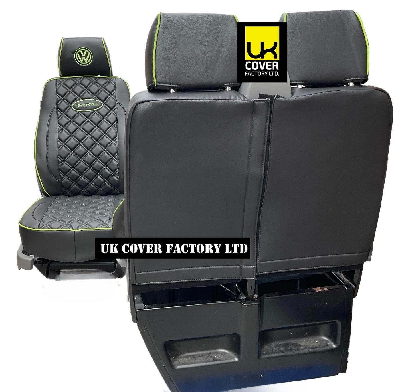 Van Seat Covers For VW Transporter Made with Transporter  Logo 11A5VW Black Edition Lime GreenPiping