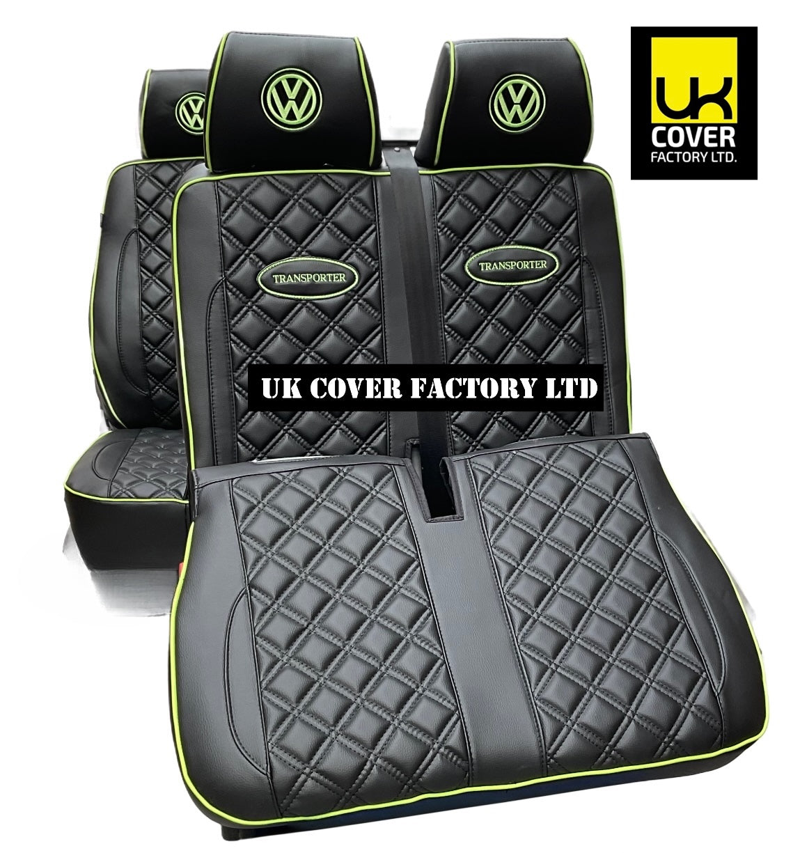 Van Seat Covers For VW Transporter Made with Transporter  Logo 11A5VW Black Edition Lime GreenPiping