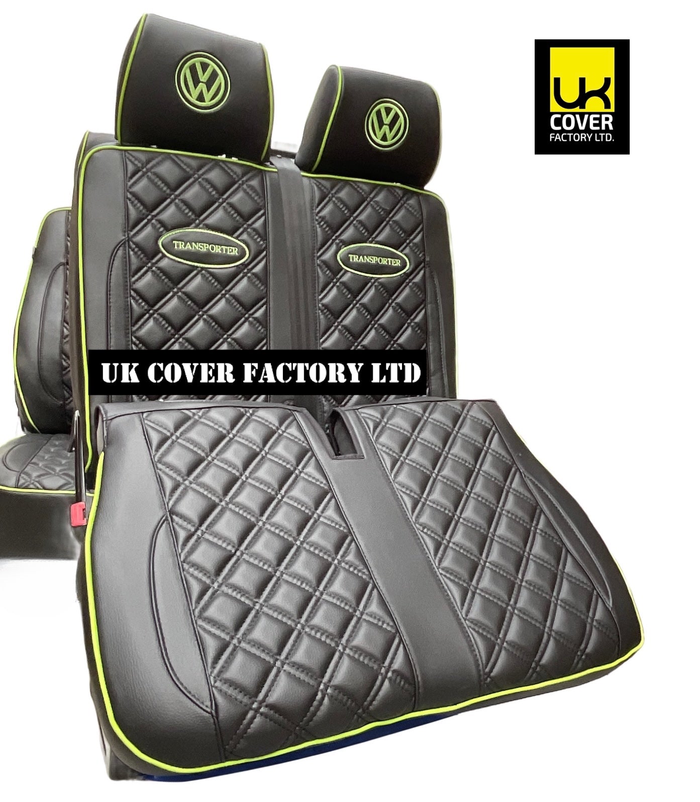 Van Seat Covers For VW Transporter Made with Transporter  Logo 11A5VW Black Edition Lime GreenPiping
