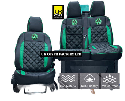 Van Seat Covers For VW Transporter T7 with VW Logo 11A28VW Green with Piping