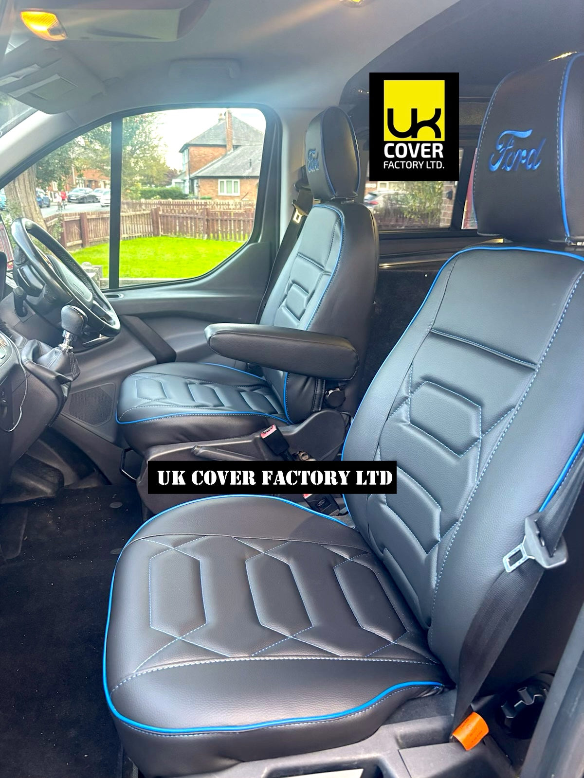 Van Seat Covers For Transit Custom/Tourneo Double Cab Made with Ford Letters & Piping 11A29 Blue Electron