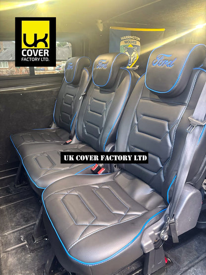 Van Seat Covers For Transit Custom/Tourneo Double Cab Made with Ford Letters & Piping 11A29 Blue Electron