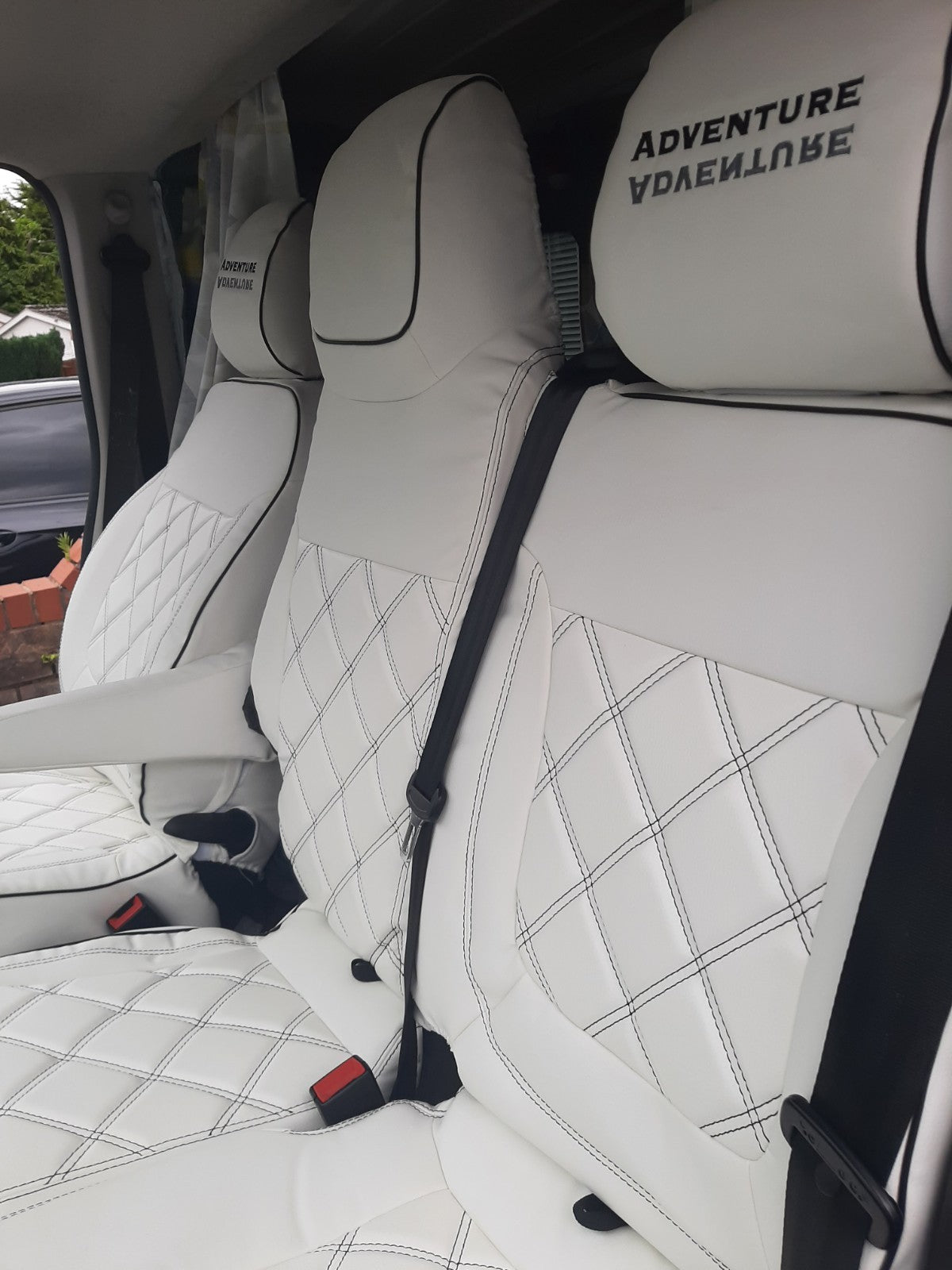Van Seat Covers For Renault Trafic Made White Leather Orange  stitch with Bespoke Logo
