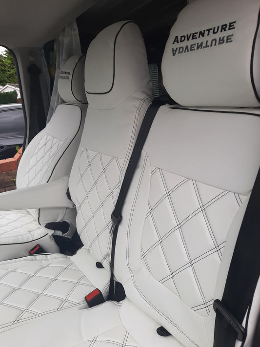 Van Seat Covers For Renault Trafic Made White Leather Orange  stitch with Bespoke Logo