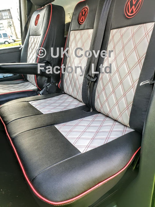 Van Seat Covers For VW TransporterT5/T6 with Logo & Piping 11A2VW Red
