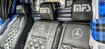 Van Seat Covers For Mercedes Vito 447 Made with Mercedes Logo 11A6MB White/Silver Stitch