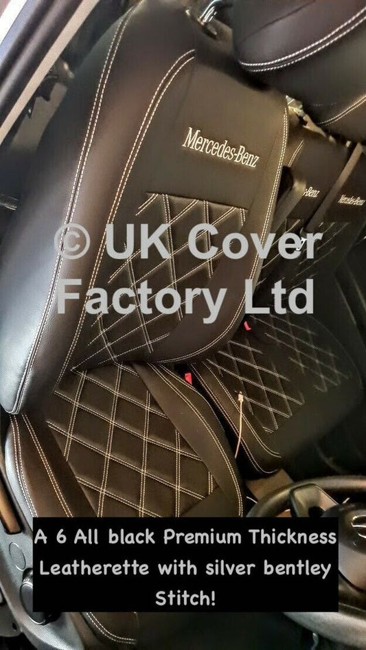 Van Seat Covers For Mercedes Vito 447 Made with Mercedes Logo 11A6MB White/Silver Stitch